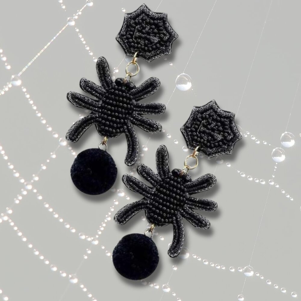 Fur Pom-Pom Spider on a Web Seed Beaded Black Goth Halloween Earrings